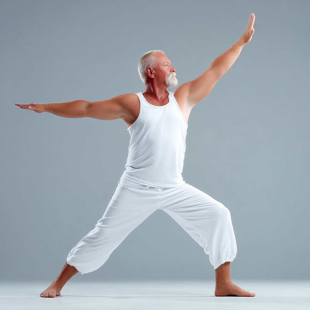 Чоловік 58 років в комфортному спортивному одязі виконує базову позу йоги для новачків