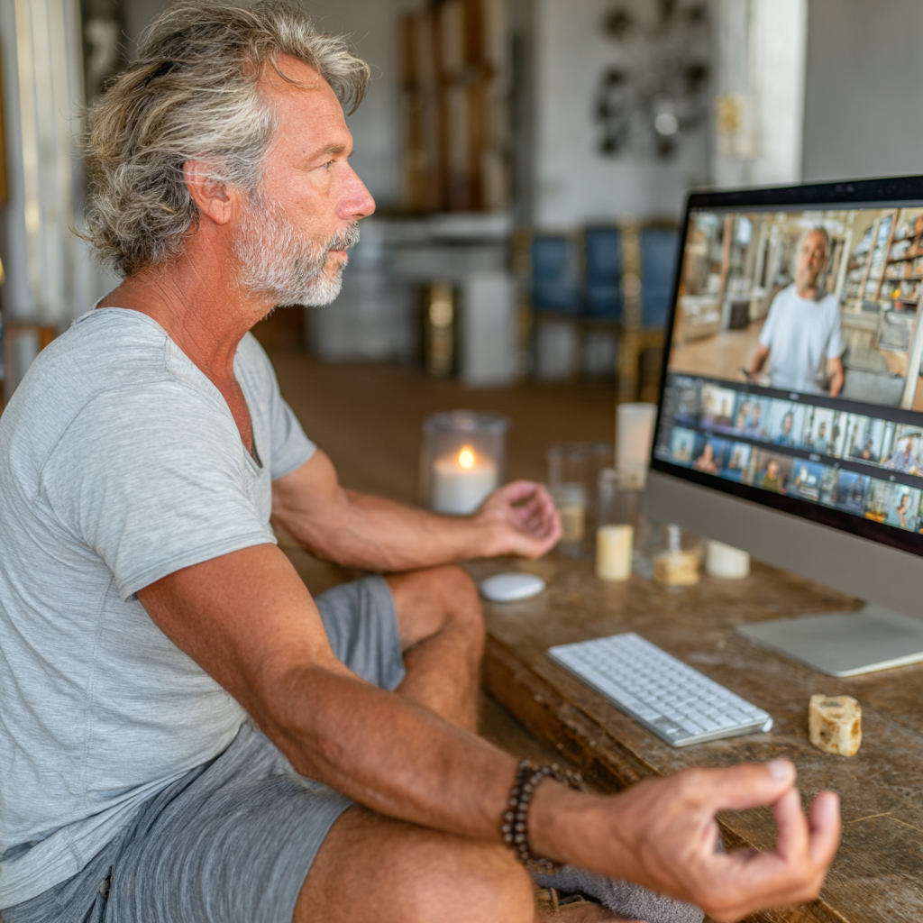 Чоловік 60 років займається йогою онлайн вдома, дивлячись на екран комп'ютера з інструктором